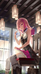 Rule 34 | 1girl, bag, bare arms, bare shoulders, bendy straw, black bow, black footwear, boots, bow, commentary request, cup, drink, drinking glass, drinking straw, frilled skirt, frills, hair bow, highres, holding, holding cup, long hair, looking at viewer, low ponytail, multicolored hair, original, pink hair, pink skirt, ponytail, purple bow, purple hair, red eyes, saraki, shirt, skirt, sleeveless, sleeveless shirt, solo, streaked hair, swept bangs, thighhighs, white bow, white shirt, white thighhighs