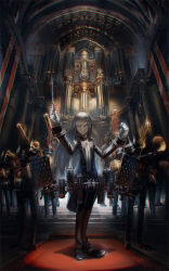 Rule 34 | 6+boys, bad id, bad pixiv id, black hat, blurry, conductor baton, dark, depth of field, formal, glowing, grey hair, hat, hat feather, highres, indoors, instrument, legs apart, legs together, long hair, male focus, multiple boys, music, pixiv fantasia, pixiv fantasia new world, rounin (amuza), smile, solo focus, stairs, standing, v-shaped eyebrows