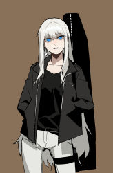 Rule 34 | 1girl, black jacket, black shirt, blue eyes, bright pupils, brown background, contrapposto, cowboy shot, earrings, gogalking, guitar case, hands in pockets, highres, hoop earrings, instrument case, jacket, jewelry, long hair, looking at viewer, magnum (gogalking), open clothes, open jacket, original, pants, parted lips, shirt, simple background, solo, white hair, white pants, white pupils