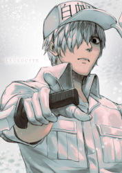 Rule 34 | 10s, 1boy, absurdres, character name, gloves, hat, hataraku saibou, highres, holding, holding knife, index finger raised, jacket, kazeo-yuurin, knife, looking at viewer, male focus, silver hair, solo, u-1146, upper body, white gloves, white hat, white jacket
