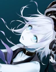 Rule 34 | 10s, 1girl, abyssal ship, bad id, bad twitter id, blue background, blue eyes, colored skin, destroyer princess, hat, kantai collection, kodama (wa-ka-me), kotoyama, sailor collar, simple background, solo, white hair, white skin