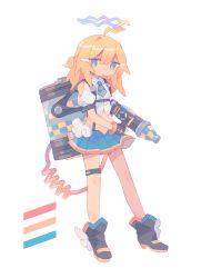 Rule 34 | 1girl, ahoge, ankle boots, backpack, bag, black footwear, black gloves, blonde hair, blue eyes, blue necktie, blue skirt, boots, bright pupils, clothing cutout, color guide, crop top, daizu (melon-lemon), expressionless, fingerless gloves, from side, full body, gloves, hair between eyes, hair intakes, hair ornament, hairclip, halo, highres, holding, holding weapon, jitome, looking at viewer, medium hair, midriff, miniskirt, multicolored eyes, necktie, no nose, original, parted lips, pleated skirt, puffy short sleeves, puffy sleeves, short necktie, short sleeves, shoulder cutout, sidelocks, simple background, skirt, solo, standing, weapon, white background, wing collar