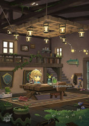 Rule 34 | bettykwong, bird, blonde hair, blue eyes, book, boots, chair, chibi, door, eating, fingerless gloves, gloves, grass, house, hylian shield, korok, link, looking at another, master sword, nintendo, plant, pointy ears, pot, shield, smile, sword, table, the legend of zelda, the legend of zelda: breath of the wild, toolbox, triforce, vase, vines, watermark, weapon, web address, window