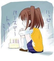 Rule 34 | 00s, 1girl, birthday, blue skirt, cake, candle, food, lonely, lowres, pastry, skirt, solo, tears, translated, tsukihime, yumizuka satsuki