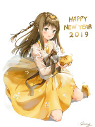 Rule 34 | 1girl, 2019, absurdres, blush, braid, breasts, brown eyes, brown hair, commentary, dress, girls&#039; frontline, hair ornament, hair ribbon, hairclip, happy new year, highres, holding, k2 (far east princess) (girls&#039; frontline), k2 (girls&#039; frontline), long hair, long sleeves, looking at viewer, medium breasts, new year, official alternate costume, pig, qoray7, ribbon, smile, solo, yellow dress