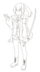 Rule 34 | 1girl, boots, closed mouth, collared shirt, cross-laced footwear, dress shirt, full body, greyscale, hair between eyes, hand up, highres, holding, holding sword, holding weapon, jacket, katana, kuro kosyou, lace-up boots, long hair, long sleeves, looking at viewer, monochrome, open clothes, open jacket, original, ponytail, puffy long sleeves, puffy sleeves, shirt, short shorts, shorts, simple background, sketch, solo, standing, sword, v-shaped eyebrows, weapon, white background