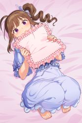 Rule 34 | 1girl, ahoge, animal print, barefoot, bed sheet, blue bow, blue dress, blue ribbon, blunt bangs, blush, bow, brown hair, closed mouth, commentary, dress, dress bow, drill hair, fingernails, frilled dress, frilled pillow, frilled sleeves, frills, full body, hair ribbon, hands up, high ponytail, holding, holding pillow, idolmaster, idolmaster million live!, idolmaster million live! theater days, kamille (vcx68), knees up, looking at viewer, lying, medium hair, nightgown, on back, pillow, print pillow, purple eyes, rabbit print, ribbon, short sleeves, side ponytail, solo, toenails, toes, wide sleeves, yokoyama nao
