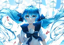Rule 34 | 1girl, artist name, blue eyes, blue hair, bottle miku, bow, commentary, fish, goldfish, hair between eyes, hatsune miku, highres, long hair, looking at viewer, shio 28, short sleeves, solo, twintails, upper body, vocaloid, water, white background, wind chime