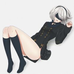 Rule 34 | 1girl, 2b (nier:automata), 9s (nier:automata) (cosplay), black blindfold, black choker, black coat, black hairband, black socks, blindfold, choker, coat, cosplay, facing viewer, grey hair, hairband, highres, kneehighs, knees together feet apart, knees up, legs, long sleeves, lying, medium hair, mole, mole under mouth, nier:automata, nier (series), no shoes, on back, parted lips, shirl geem, sleeves past wrists, socks, solo, thighs, 9s (nier:automata)