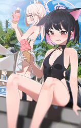 Rule 34 | 1boy, 2girls, absurdres, ahoge, animal ears, bikini, black hair, black one-piece swimsuit, blue archive, blush, breasts, cat ears, cloud, colored inner hair, commentary request, extra ears, food, food on face, hair ornament, hairclip, halo, halterneck, highres, holding food, holding ice cream, ice cream, ice cream cone, ice cream on face, kazusa (blue archive), lens flare, licking lips, long hair, master shiba (blue archive), momocadraw, multicolored hair, multiple girls, natsu (blue archive), one-piece swimsuit, open mouth, outdoors, pink eyes, pink hair, red eyes, short hair, side ponytail, sitting, skirt, sky, small breasts, standing, swimsuit, tongue, tongue out, tree, two-tone hair, wafer stick, white bikini, white skirt