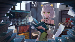 Rule 34 | 1girl, absurdres, animal ear fluff, animal ears, arknights, bare shoulders, black choker, book, chinese commentary, choker, commentary request, dress, feathers, green dress, green eyes, green nails, headhunting permit (arknights), highres, holding, holding book, indoors, kal&#039;tsit (arknights), long sleeves, looking at viewer, nail polish, nosttat, off-shoulder dress, off shoulder, partial commentary, revision, short hair, silver hair, solo, upper body