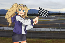 Rule 34 | 1girl, alternate costume, annin musou, bad id, bad twitter id, black skirt, blonde hair, blue eyes, blue vest, blush, buttons, checkered flag, cowboy shot, flag, gambier bay (kancolle), hair between eyes, holding, holding flag, hood, hooded vest, hoodie, kantai collection, long hair, long sleeves, open mouth, photo background, skirt, solo, twintails, vest