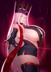 Rule 34 | 1girl, absurdres, ass, aster crowley, avenger class (fate), breasts, crown, dark persona, elbow gloves, fate/grand order, fate (series), gloves, highres, huge breasts, irisviel von einzbern, justeaze lizrich von einzbern, long hair, looking at viewer, pink hair, reaching, reaching towards viewer, sideboob, smile, solo, thick thighs, thighhighs, thighs, very long hair, yellow eyes