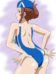Rule 34 | 10s, 1girl, adjusting clothes, adjusting swimsuit, ass, braid, brown hair, competition swimsuit, green eyes, gundam, gundam build fighters, gundam build fighters try, hiro (hiro-369), kamiki mirai, long hair, one-piece swimsuit, swim cap, swimsuit