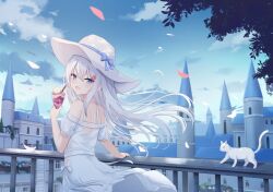 Rule 34 | 1girl, blue eyes, building, cat, day, dress, food, from behind, hair between eyes, hat, highres, ice cream, long hair, looking at viewer, looking back, open mouth, original, outdoors, petals, solo, sundae, touhourh, white dress, white hair, wind