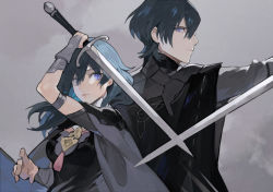 Rule 34 | 1boy, 1girl, arm guards, armor, back-to-back, black armor, black cape, black gloves, black shirt, blue eyes, blue hair, breasts, byleth (female) (fire emblem), byleth (fire emblem), byleth (male) (fire emblem), cape, cleavage cutout, clothing cutout, detached collar, fire emblem, fire emblem: three houses, gauntlets, gloves, grey background, hair between eyes, highres, holding, holding sword, holding weapon, long sleeves, medium breasts, medium hair, nahonanaho, nintendo, pantyhose, shirt, short hair, shoulder armor, sidelocks, simple background, standing, sword, upper body, weapon