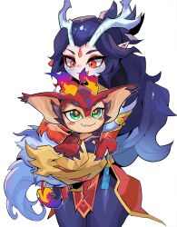 Rule 34 | 1girl, :d, absurdres, beseunaj-jamjaneun gemdol-i, black hair, blue hair, blue pants, blush stickers, closed mouth, colored skin, cowboy shot, dragon, dragon horns, fang, fire, green eyes, highres, holding, horns, league of legends, long hair, open mouth, orange eyes, pants, pointy ears, red skin, shyvana, skin fang, smile, smolder (league of legends)