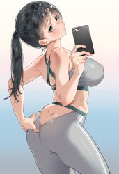 Rule 34 | 1girl, ass, ass cutout, bare arms, bare shoulders, black hair, blush, breasts, brown eyes, butt crack, cellphone, clothing cutout, commentary request, covered erect nipples, dimples of venus, fingernails, gradient background, hand on own ass, highres, holding, karasuma yayoi, large breasts, lips, long hair, looking at viewer, looking back, midriff, original, pants, parted lips, phone, shiny clothes, shiny skin, simple background, skin tight, solo, spandex, tank top