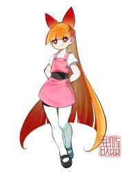 Rule 34 | 1girl, :o, akazutsumi momoko, arms behind back, artist logo, black footwear, bow, closed mouth, dress, flat chest, full body, hair bow, highres, long hair, mary janes, orange hair, overall dress, pantyhose, pink eyes, powerpuff girls, powerpuff girls z, red bow, red dress, shoes, simple background, smile, solo, standing, very long hair, white background, white pantyhose, youzaiyouzai112