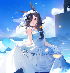 Rule 34 | 1girl, bare shoulders, bird, black hair, blue sky, blush, braid, breasts, bridal veil, bride, cloud, day, dress, elbow gloves, flower, gloves, hair flower, hair ornament, hair over one eye, highres, horse girl, jewelry, long hair, looking at viewer, medium breasts, necklace, nekomu, open mouth, outdoors, pink eyes, purple eyes, rice shower (longed-for scenery) (umamusume), rice shower (umamusume), rose, single braid, skirt hold, sky, sleeveless, smile, solo, umamusume, veil, wedding dress, white dress, white gloves