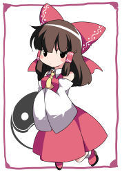 Rule 34 | 1girl, ascot, bad id, bad pixiv id, black eyes, blush stickers, bow, brown hair, chibi, commentary request, detached sleeves, hair bow, hair tubes, hakurei reimu, hammer (sunset beach), hands in opposite sleeves, sideways glance, skirt, solo, touhou, wide sleeves, yin yang