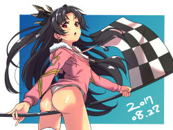 Rule 34 | 1girl, alternate costume, ass, black bow, black hair, black ribbon, bow, breasts, bridal garter, checkered flag, crown, earrings, fate/grand order, fate (series), flag, fur collar, fur trim, hair bow, hair intakes, hair ornament, hair ribbon, highres, hood, hood down, hooded jacket, hoodie, ishtar (fate), ishtar (swimsuit rider) (fate), jacket, jewelry, karahai (31448823), long hair, long sleeves, looking at viewer, looking back, one-piece swimsuit, open mouth, parted bangs, pink jacket, race queen, red eyes, ribbon, shiny skin, sideboob, soles, solo, swimsuit, swimsuit under clothes, tohsaka rin, two side up, very long hair, white one-piece swimsuit