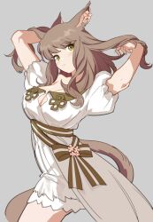 Rule 34 | 1girl, animal ears, arms up, bow, breasts, brown background, brown hair, cat ears, cat girl, cat tail, cleavage, cowboy shot, dress, earrings, final fantasy, final fantasy xiv, flower earrings, flower knot, from side, green eyes, hair lift, hands in own hair, jewelry, jionghai, large breasts, looking at viewer, medium hair, miqo&#039;te, puffy short sleeves, puffy sleeves, short sleeves, simple background, solo, standing, striped, striped bow, tail, warrior of light (ff14), wavy hair, white dress