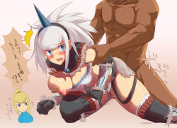 Rule 34 | 1boy, 2girls, arm grab, arm held back, armor, aurastack, bent over, blonde hair, blue eyes, blush, boots, grabbing another&#039;s breast, breasts, capcom, cleavage, clothed female nude male, clothed sex, dark-skinned male, dark skin, doggystyle, elbow gloves, from behind, gloves, grabbing, hairband, hood, horns, huge breasts, interracial, kirin (armor), long hair, manly, metroid, monster hunter (series), multiple girls, muscular, nintendo, nipples, nude, partially translated, penis, ponytail, pussy juice, samus aran, sex, sex from behind, silver hair, single horn, tears, text focus, thighhighs, translation request, vaginal, zero suit