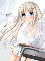 Rule 34 | 1girl, bat hair ornament, blue eyes, blush, commentary request, covering privates, curtains, desk, embarrassed, grey hair, hair ornament, highres, holding, holding clothes, holding shirt, indoors, kudpoid (71139), little busters!, long hair, looking at viewer, noumi kudryavka, open mouth, school desk, shirt, solo, unworn shirt