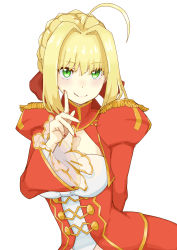 Rule 34 | 1girl, absurdres, ahoge, arm behind back, blonde hair, bow, dress, fate/extra, fate (series), finger to cheek, green eyes, hair bow, highres, kamesan231, nail polish, nero claudius (fate), nero claudius (fate) (all), nero claudius (fate/extra), red bow, red dress, red nails, short hair, simple background, smile, solo, white background