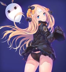 Rule 34 | &gt;:t, &lt;o&gt; &lt;o&gt;, 1girl, :t, abigail williams (fate), abigail williams (traveling outfit) (fate), absurdres, animal ears, ass, balloon, belt, black bow, black jacket, black panties, blonde hair, blue background, blue eyes, blush, bow, closed mouth, crossed bandaids, fate/grand order, fate (series), hair bow, hair bun, heroic spirit traveling outfit, highres, jackal ears, jacket, lips, long sleeves, looking at viewer, looking back, medjed (fate), nakazawa aki, nitocris (fate), official alternate costume, orange belt, orange bow, panties, pantyshot, parted bangs, polka dot, polka dot bow, pout, simple background, single hair bun, sleeves past fingers, sleeves past wrists, solo, standing, underwear, v-shaped eyebrows