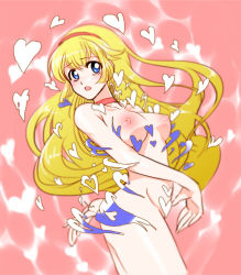 Rule 34 | 1girl, am9mnt, bad id, bad pixiv id, blonde hair, blue eyes, blush, breasts, choker, cutie honey, exploding clothes, hairband, heart, kisaragi honey, large breasts, long hair, magical girl, nude, open mouth, pink background, solo, very long hair