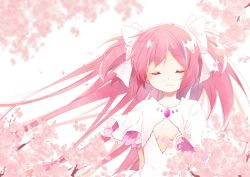 Rule 34 | 1girl, absurdly long hair, arms at sides, blurry, blurry background, branch, breasts, cherry blossoms, cleavage, cleavage cutout, closed eyes, closed mouth, clothing cutout, depth of field, dot nose, eyelashes, facing viewer, floating hair, flower, hair ribbon, happy, highres, kaname madoka, layered sleeves, light particles, long eyelashes, long hair, mahou shoujo madoka magica, mahou shoujo madoka magica (anime), petals, pink flower, pink hair, pink theme, ribbon, simple background, small breasts, solo, straight hair, two side up, ultimate madoka, upper body, very long hair, white background, white ribbon, wide sleeves, yukineko (yukineko stella)