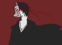 Rule 34 | 1boy, black hair, color blackground, fox mask, japanese clothes, kimono, male focus, mask, red background, solo, yukata (yume 2kki), yume 2kki