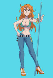 Rule 34 | 1girl, bikini, bikini top only, blue background, breasts, brown eyes, cleavage, closed mouth, denim, full body, gingrjoke, high heels, highres, jeans, large breasts, long hair, looking at viewer, midriff, nami (one piece), navel, one piece, orange hair, pants, simple background, smile, solo, staff, standing, swimsuit, tattoo