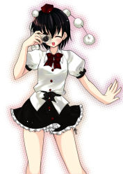 Rule 34 | 1girl, akao, black hair, black skirt, bow, bowtie, camera, collared shirt, female focus, frilled skirt, frills, halftone, halftone background, hat, looking at viewer, miniskirt, one eye closed, pom pom (clothes), puffy short sleeves, puffy sleeves, shameimaru aya, shirt, short hair, short sleeves, skirt, smile, solo, tokin hat, touhou, white background, white shirt