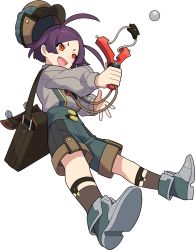 Rule 34 | 1boy, arm up, artist request, bag, ball, black necktie, blouse, blush, boots, brown socks, cabbie hat, child, forehead, full body, green shorts, grey footwear, grey shirt, happy, hat, highres, holding, holding slingshot, holding weapon, legs apart, light blush, long sleeves, lucille (world flipper), male focus, multicolored clothes, multicolored hat, necktie, non-web source, official art, open mouth, orange eyes, outstretched arm, parted bangs, puffy long sleeves, puffy sleeves, purple hair, shirt, shirt tucked in, short hair, short necktie, shorts, shoulder bag, sidelocks, simple background, slingshot (weapon), smile, socks, solo, standing, suspender shorts, suspenders, transparent background, v-shaped eyebrows, weapon, world flipper