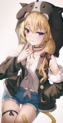 Rule 34 | 1girl, :3, animal hood, armlet, bare shoulders, black jacket, blonde hair, blue shorts, center frills, closed mouth, collarbone, cowboy shot, cutoffs, denim, denim shorts, detached sleeves, frills, front-tie top, fur trim, ha en, hood, hooded jacket, index finger raised, indie virtual youtuber, jacket, jewelry, long hair, long sleeves, looking at viewer, necklace, open clothes, open jacket, purple eyes, shirt, short shorts, shorts, sleeveless, sleeveless shirt, smile, sol hms, solo, thigh gap, thigh strap, thighs, virtual youtuber, white shirt