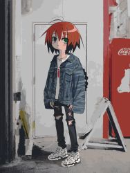 Rule 34 | 1girl, black pants, blue jacket, blush, braid, clothes writing, denim, denim jacket, gishiki (gshk), green eyes, highres, jacket, jacket on shoulders, kill me baby, long hair, long sleeves, looking at viewer, open clothes, open jacket, pants, parted lips, red hair, shirt, shoes, solo, torn clothes, torn pants, unused character (kill me baby), white footwear, white shirt