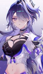 Rule 34 | 1girl, acheron (honkai: star rail), armor, black choker, breasts, choker, chromatic aberration, cleavage, coat, commentary, criss-cross halter, cropped arms, gradient background, hair intakes, hair ornament, hair over one eye, halterneck, highres, honkai: star rail, honkai (series), kinii, large breasts, long hair, looking at viewer, midriff, missing limb, multicolored hair, navel, parted lips, purple background, purple eyes, purple hair, shoulder armor, single bare shoulder, solo, streaked hair, upper body, white background, white coat