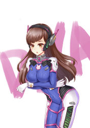 Rule 34 | 1girl, :o, absurdres, animal print, armor, blue bodysuit, bodysuit, bracer, breast hold, breast rest, breasts, brown eyes, brown hair, character name, covered navel, cowboy shot, d.va (overwatch), eyelashes, facepaint, facial mark, gloves, hands up, headphones, high collar, highres, legs together, long hair, long sleeves, looking at viewer, matching hair/eyes, medium breasts, open mouth, overwatch, overwatch 1, pauldrons, pilot suit, rabbit print, ribbed bodysuit, shoulder armor, shoulder pads, simple background, skin tight, smile, solo, thigh strap, thighhighs, whisker markings, white background, white gloves, white thighhighs