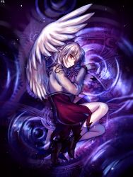 Rule 34 | 1girl, angel wings, beige jacket, boots, cropped jacket, dress, expressionless, gears, highres, kishin sagume, legs, long sleeves, looking at viewer, lying, lying on water, partially submerged, pink eyes, pointing, pointing up, profile, purple dress, ripples, short dress, signature, silver hair, solo, space, star (sky), thighs, tis (shan0x0shan), touhou, water, white wings, wings