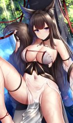 Rule 34 | 1girl, amagi (azur lane), amagi (wending waters serene lotus) (azur lane), animal ears, armpits, azur lane, bare shoulders, black choker, black hair, breasts, choker, cleavage, closed mouth, collarbone, covered navel, detached sleeves, eyeshadow, fox ears, fox girl, fox tail, highres, holding tail, japanese clothes, knee up, large breasts, large tail, long hair, long sleeves, looking at viewer, low-tied long hair, makeup, no panties, obi, pelvic curtain, purple eyes, sash, see-through, skindentation, solo, sunlight, swimsuit, tail, thick eyebrows, thigh strap, thighs, very long hair, wet, wsman