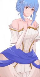 Rule 34 | 1girl, alternate costume, bare shoulders, blue hair, blue sash, blush, breasts, brown eyes, collarbone, commentary, cowboy shot, detached sleeves, dress, english commentary, eyelashes, fire emblem, fire emblem: three houses, gold trim, hand up, highres, kgctcg, large breasts, looking at viewer, marianne von edmund, medium hair, nintendo, sash, sidelocks, simple background, smile, solo, twitter username, wedding dress, white background, white dress