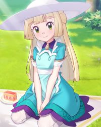 Rule 34 | 1girl, blanket, blonde hair, blush, bush, cake, closed mouth, commentary request, creatures (company), day, dress, eyelashes, food, game freak, gazing eye, grass, green dress, green eyes, hat, highres, knees, light rays, lillie (pokemon), lillie (special costume) (pokemon), long hair, looking at viewer, nintendo, official alternate costume, outdoors, own hands together, pantyhose, plate, pokemon, pokemon masters ex, short sleeves, sitting, smile, solo, split mouth, tree, white hat, white pantyhose