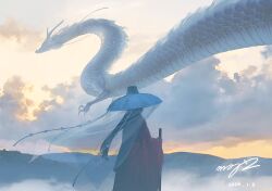 Rule 34 | 1girl, ambiguous gender, black hair, cane, chinese zodiac, cloud, cloudy sky, dated, dragon, eastern dragon, floating clothes, floating hair, fog, from side, gradient sky, hat, highres, holding, holding cane, long hair, long sleeves, mogumo, morning, mountainous horizon, nature, original, outdoors, red robe, ribbon, robe, see-through veil, signature, sky, twilight, veil, very long hair, wide sleeves, year of the dragon