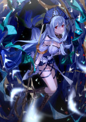 Rule 34 | 1girl, arknights, bare legs, bare shoulders, black footwear, blue gloves, boots, dress, gloves, headdress, highres, holding, holding staff, long hair, looking at viewer, low-tied long hair, off-shoulder dress, off shoulder, official alternate costume, red eyes, s2rid, short sleeves, skadi (arknights), skadi the corrupting heart (arknights), skadi the corrupting heart (sublimation) (arknights), solo, staff, very long hair, white dress, white hair