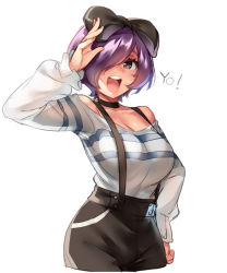 Rule 34 | 1girl, black eyes, bow, breasts, cleavage, english text, hair bow, hair over one eye, hanako (naso4), highres, large breasts, naso4, open mouth, original, purple hair, short hair, shorts, simple background, smile, solo, standing, striped, suspenders, traditional youkai, waving, white background