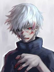 Rule 34 | 1boy, bite addict, black eyes, black nails, blood, blood from mouth, blood in hair, blood on face, blood on hands, heterochromia, kaneki ken, male focus, medium hair, nail polish, parted lips, red eyes, sketch, solo, tokyo ghoul, upper body, white hair