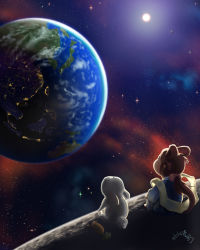 Rule 34 | 1girl, absurdres, brown hair, carrot, chang&#039;e, chinese clothes, closed eyes, dated, earth (planet), from behind, gradient background, hagoromo, hair ribbon, hair rings, highres, knees to chest, looking away, looking up, moon, moon rabbit, original, planet, ponytail, rabbit, ribbon, shawl, short hair, signature, sitting, solo, space, sun, williegaga